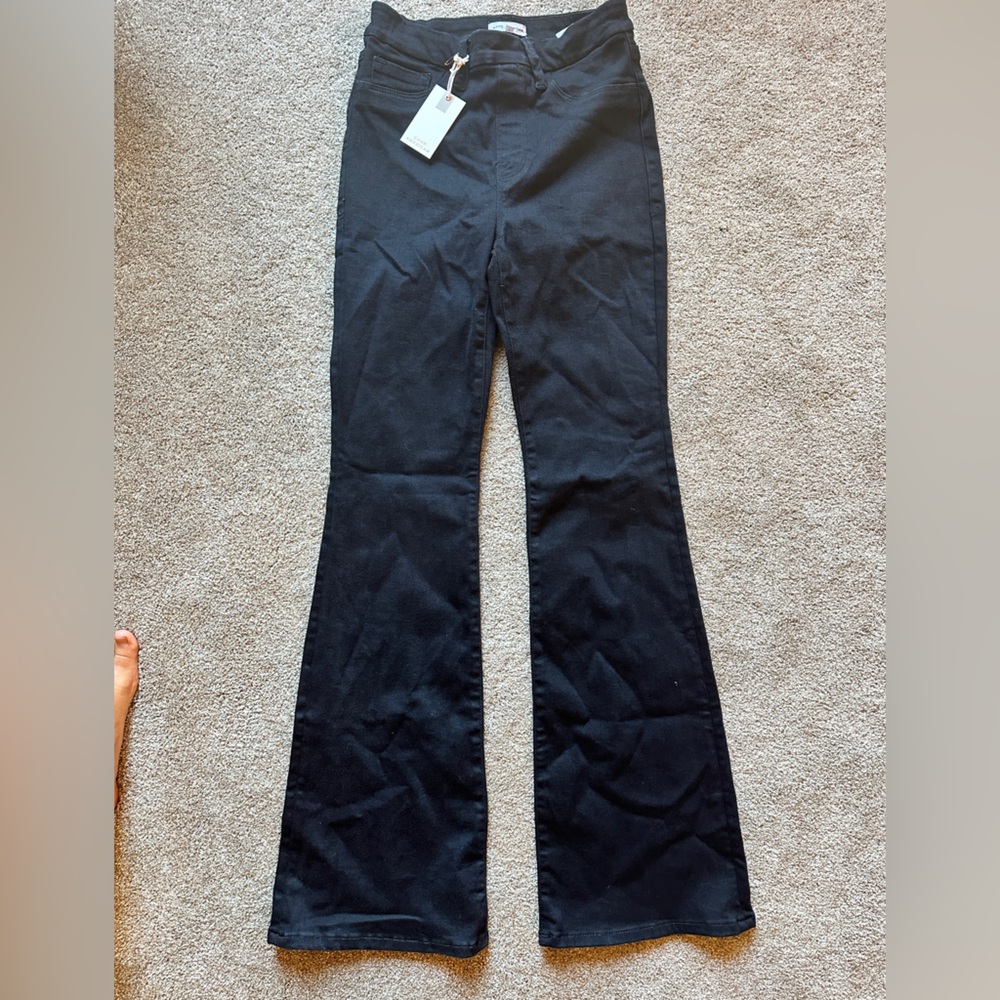 Good American Power Stretch Pull on Black Denim Flare Jeans
